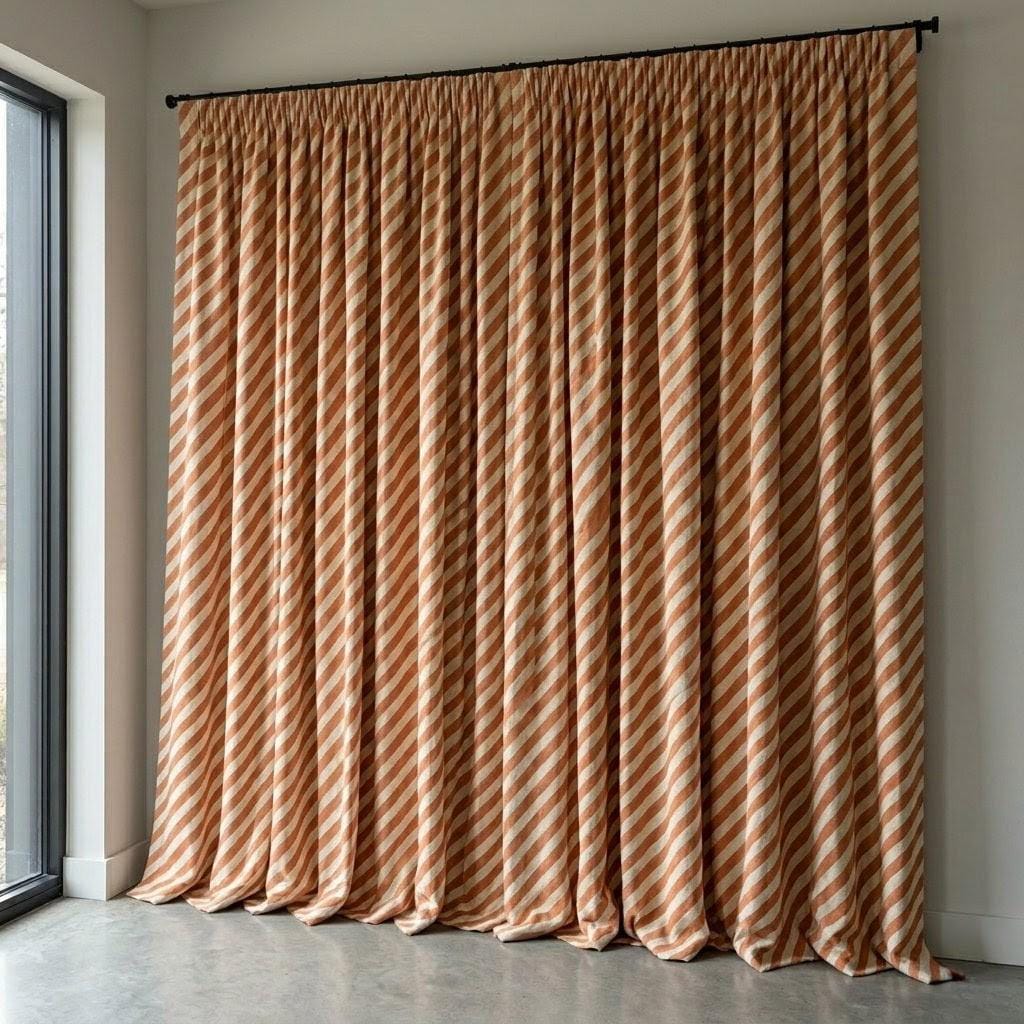 Terracotta Stripe Linen Curtains, Heavy Pure Linen Drapes, Rust Orange Diagonal Striped Blackout or Cotton Lined Curtains — image 5