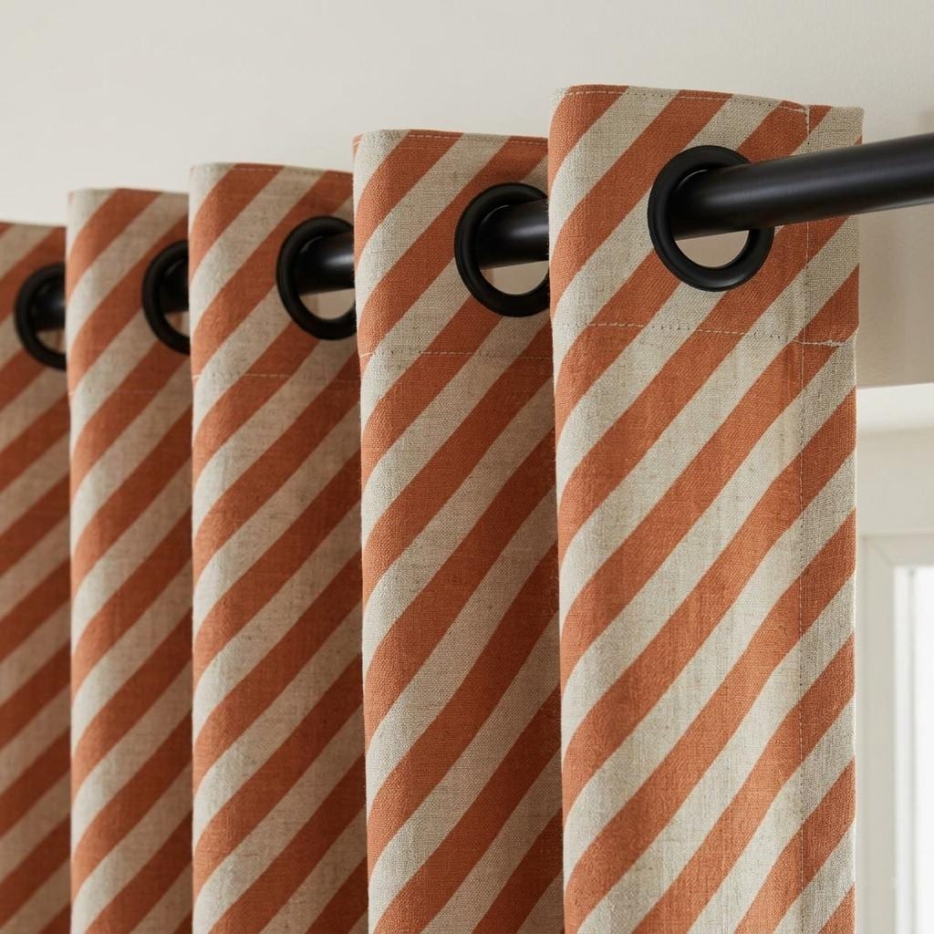 Terracotta Stripe Linen Curtains, Heavy Pure Linen Drapes, Rust Orange Diagonal Striped Blackout or Cotton Lined Curtains — image 4
