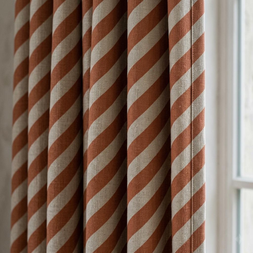 Terracotta Stripe Linen Curtains, Heavy Pure Linen Drapes, Rust Orange Diagonal Striped Blackout or Cotton Lined Curtains — image 2