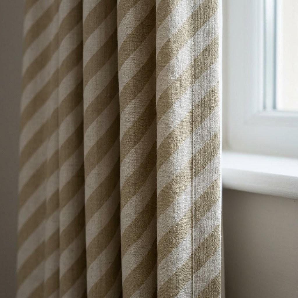 Beige Stripe Linen Curtains, Heavy Pure Linen Drapes, Taupe Diagonal Striped Blackout or Cotton Lined Custom Curtains — image 6