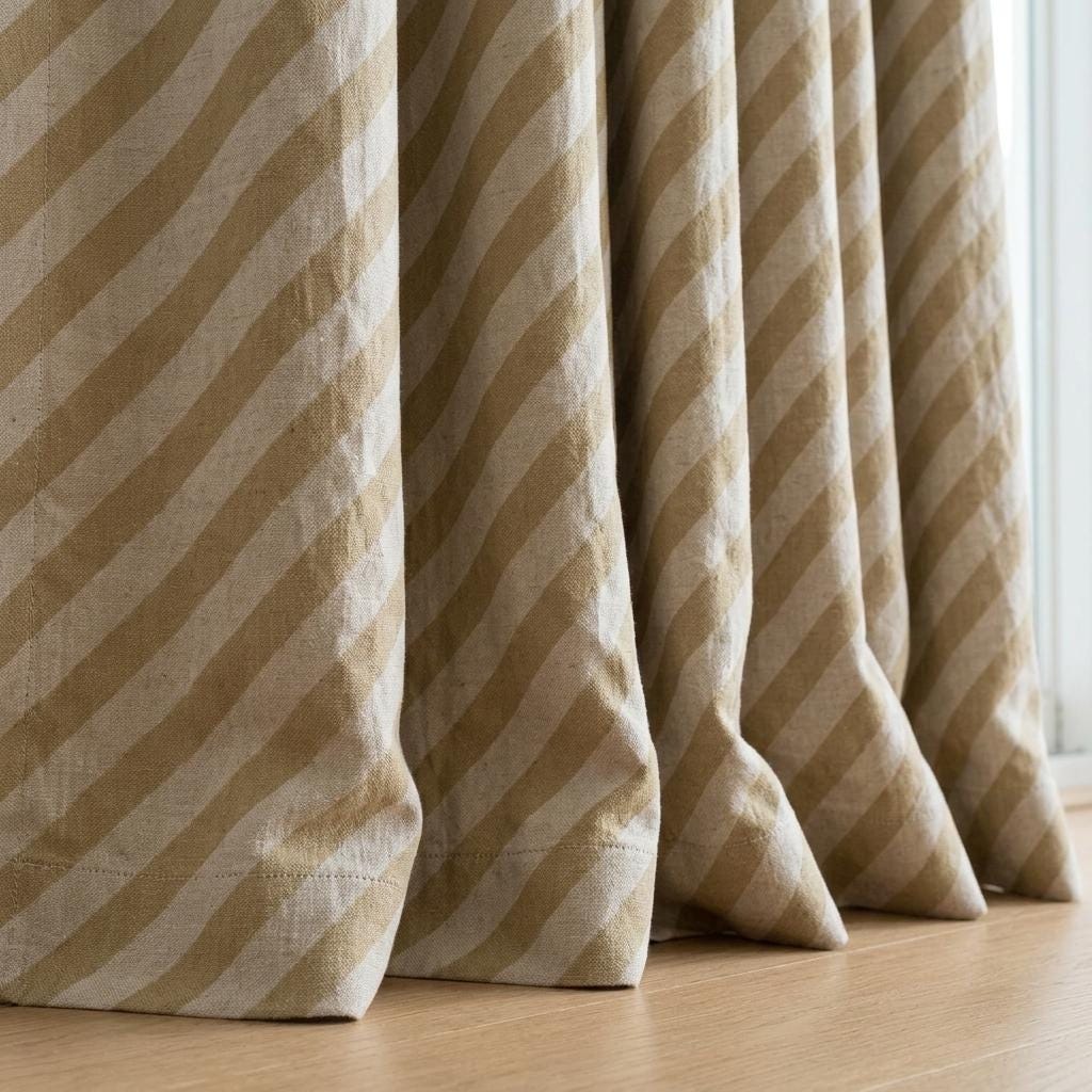 Beige Stripe Linen Curtains, Heavy Pure Linen Drapes, Taupe Diagonal Striped Blackout or Cotton Lined Custom Curtains — image 7