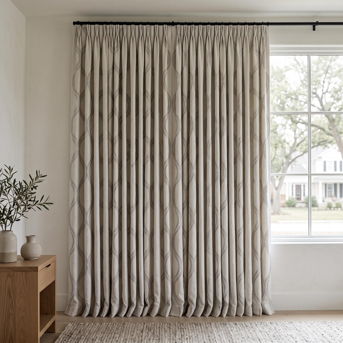 Off White Heavy Linen Curtains, Gray Embroidered Trellis Drapes, Custom Blackout Curtain Panels — image 7