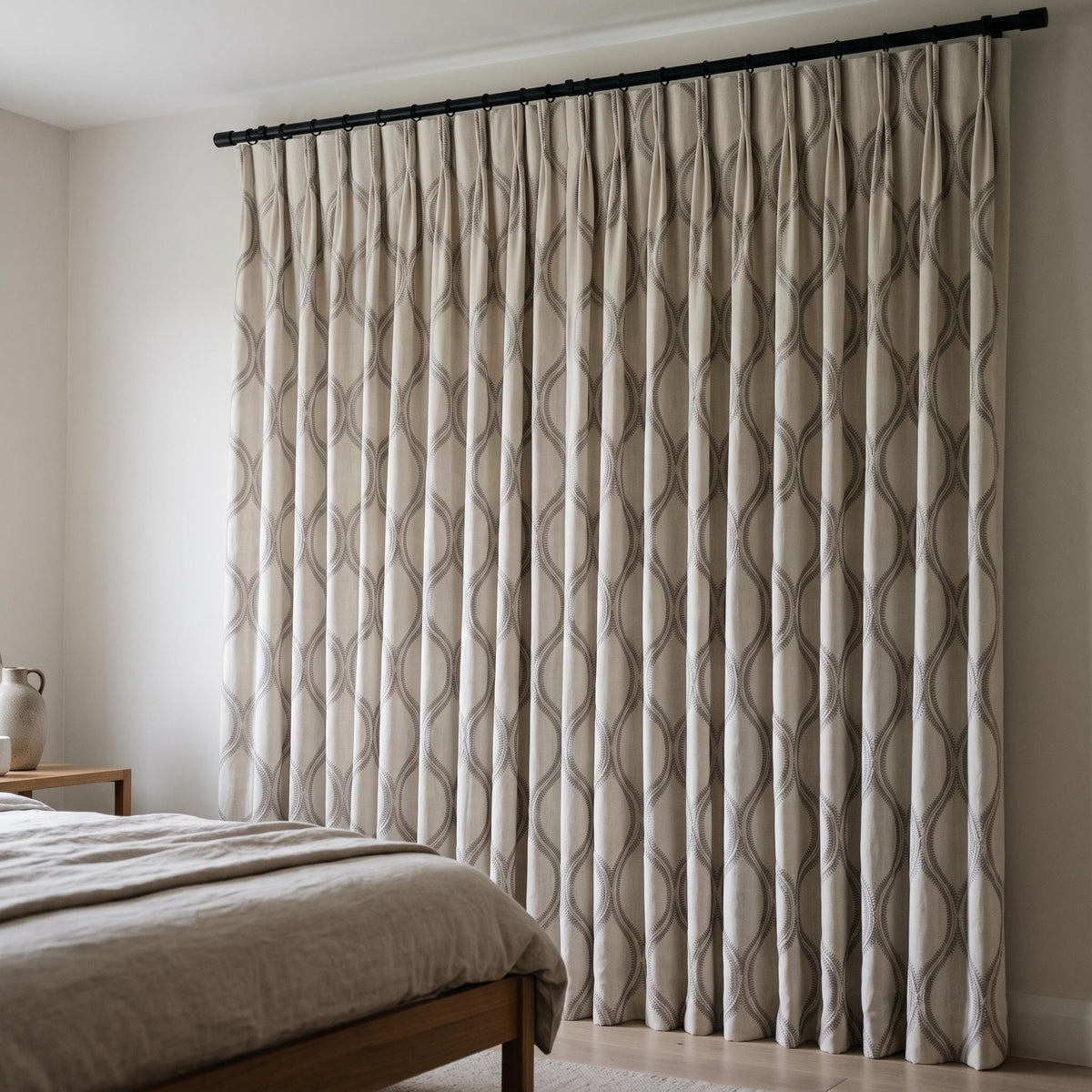 Off White Heavy Linen Curtains, Gray Embroidered Trellis Drapes, Custom Blackout Curtain Panels — image 5