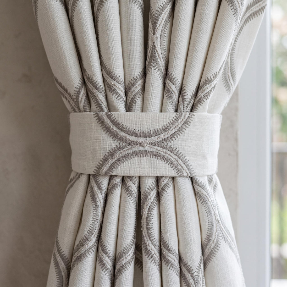 Off White Heavy Linen Curtains, Gray Embroidered Trellis Drapes, Custom Blackout Curtain Panels — image 2