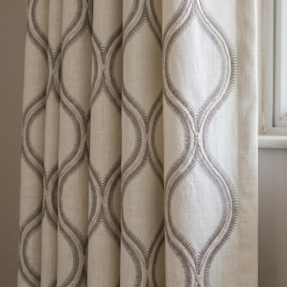 Off White Heavy Linen Curtains, Gray Embroidered Trellis Drapes, Custom Blackout Curtain Panels — image 6