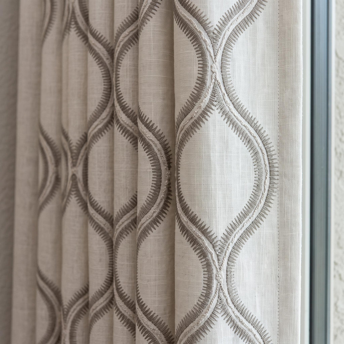 Off White Heavy Linen Curtains, Gray Embroidered Trellis Drapes, Custom Blackout Curtain Panels — image 3