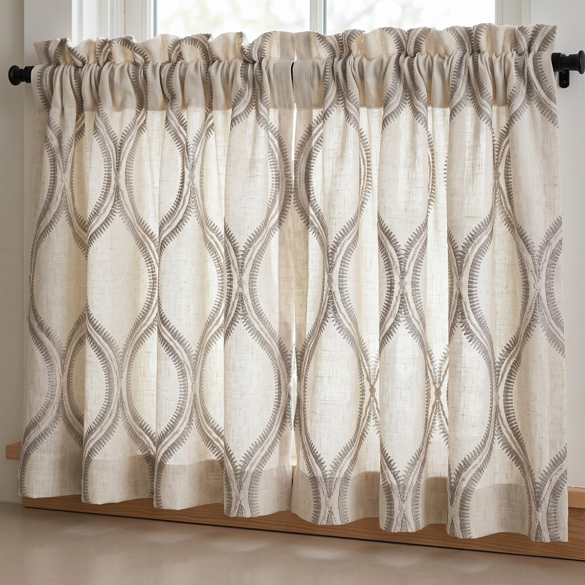 Off White Heavy Linen Curtains, Gray Embroidered Trellis Drapes, Custom Blackout Curtain Panels — image 9