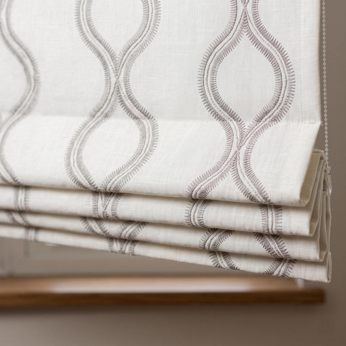 Off White Linen Roman Shade, Gray Embroidered Geometric Vine Blind, Custom Blackout Corded Window Shade — image 4