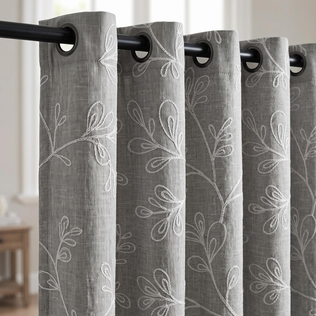 Gray Linen Embroidered Curtains, White Botanical Vine Drapes, Custom Blackout Floral Linen Curtains, Cafe Curtain Panels — image 8