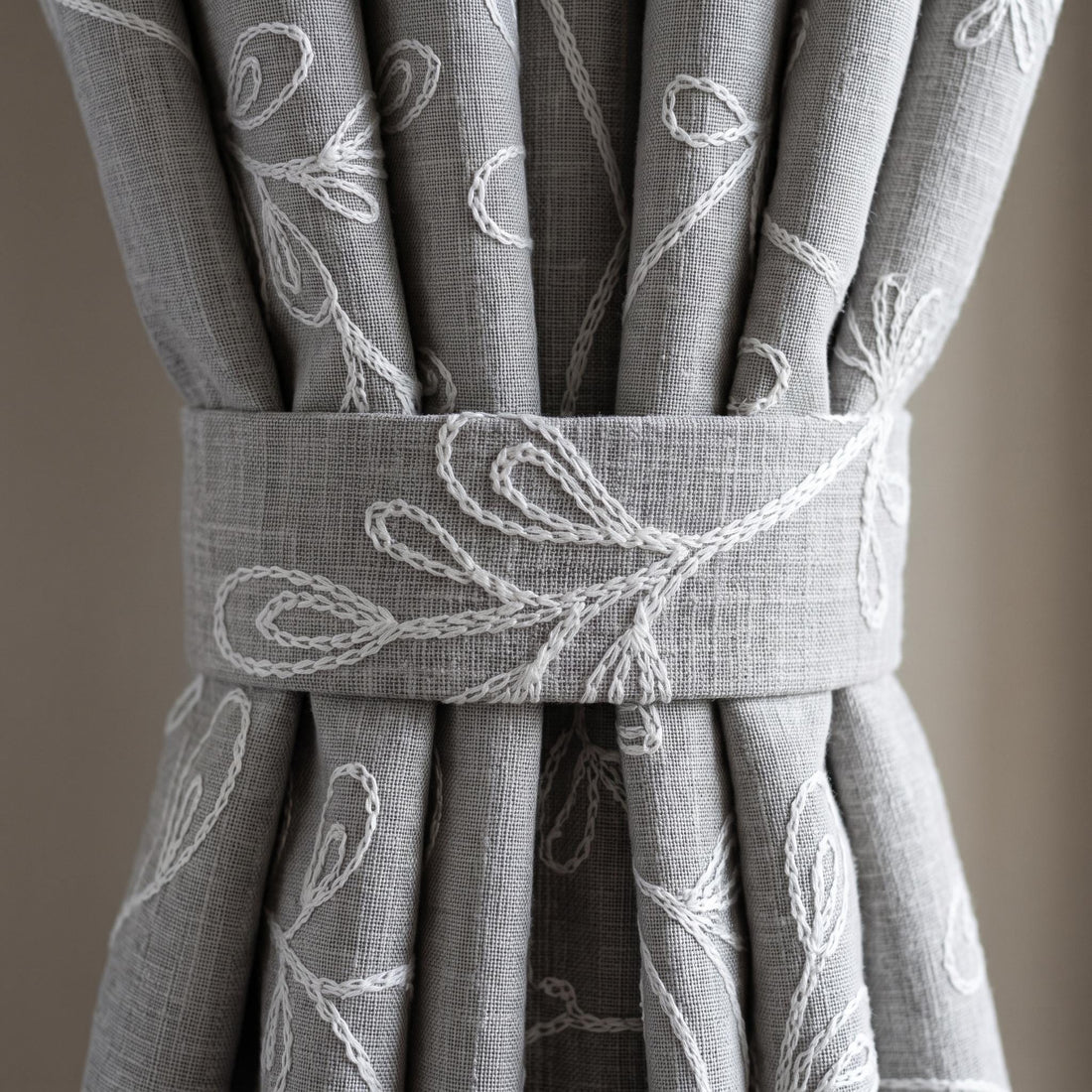 Gray Linen Embroidered Curtains, White Botanical Vine Drapes, Custom Blackout Floral Linen Curtains, Cafe Curtain Panels — image 1