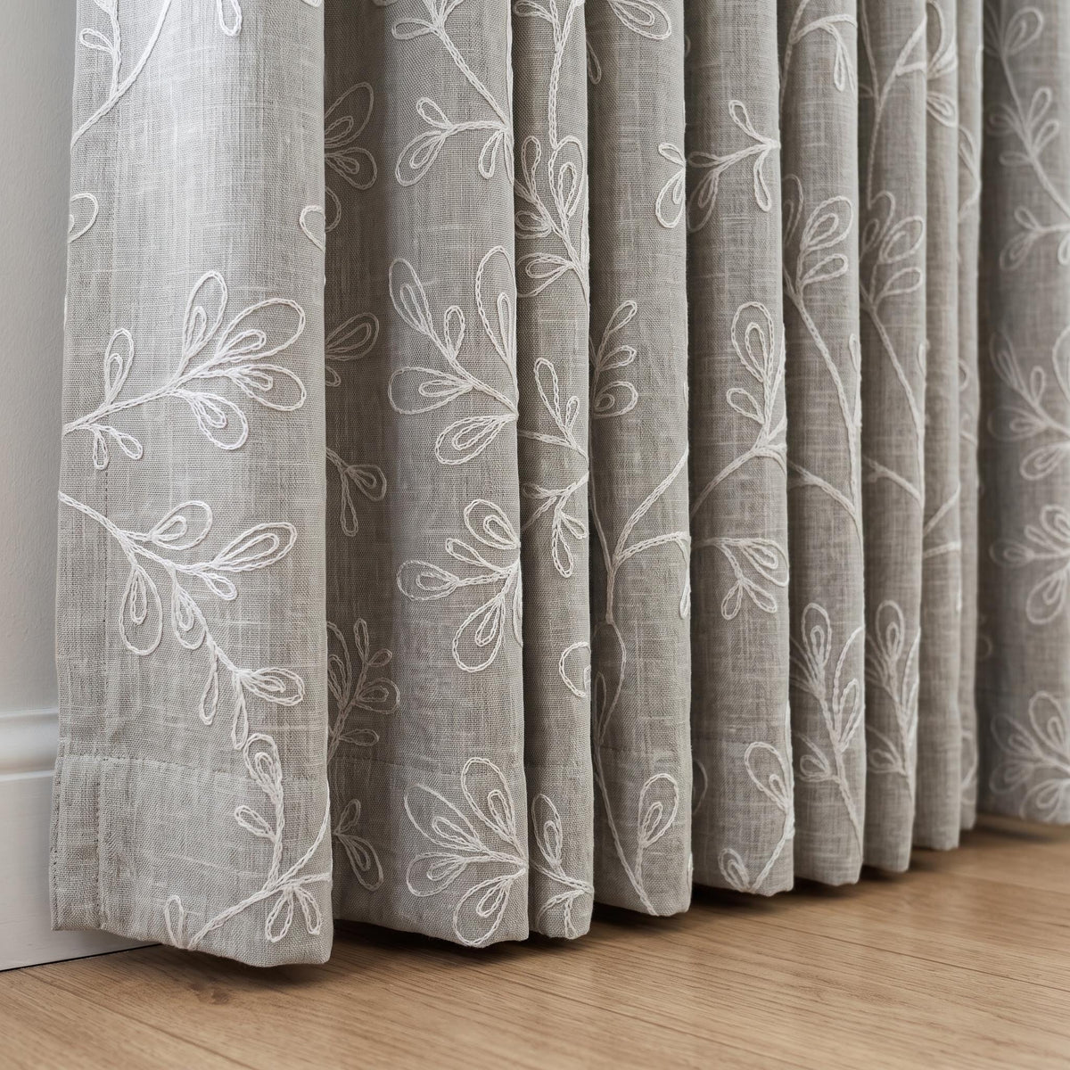 Gray Linen Embroidered Curtains, White Botanical Vine Drapes, Custom Blackout Floral Linen Curtains, Cafe Curtain Panels — image 3