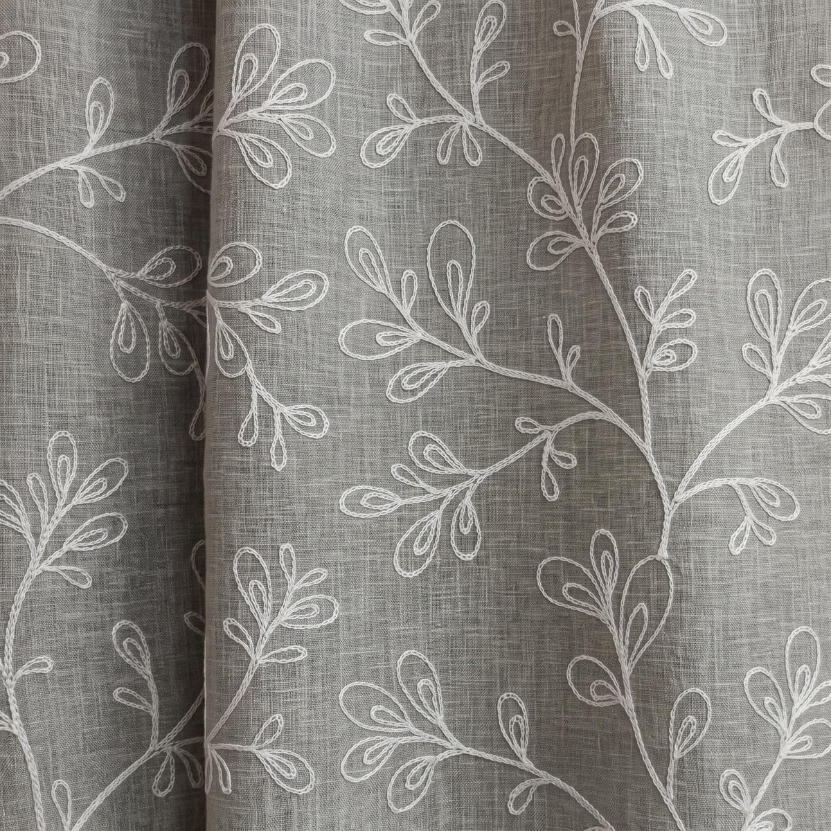Gray Linen Embroidered Curtains, White Botanical Vine Drapes, Custom Blackout Floral Linen Curtains, Cafe Curtain Panels — image 9