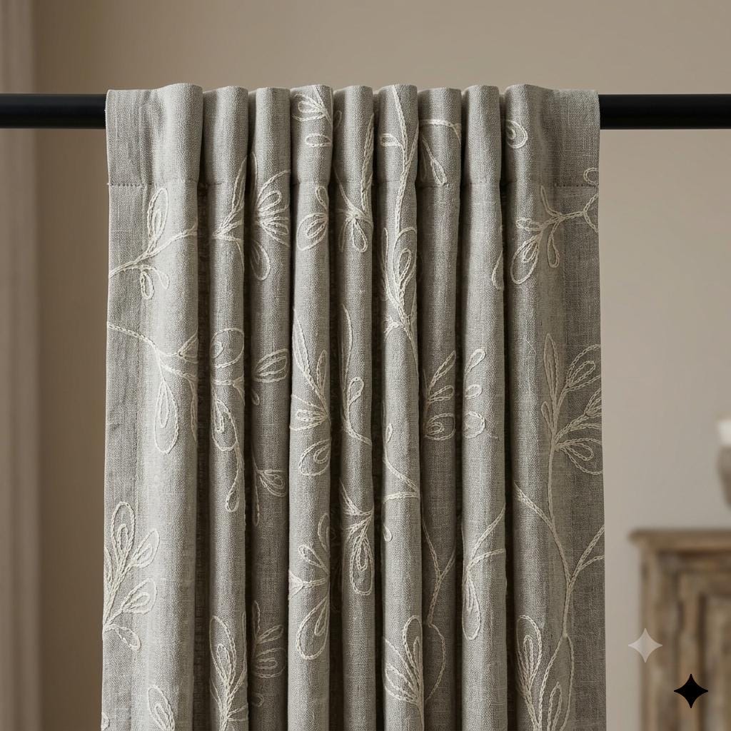 Gray Linen Embroidered Curtains, White Botanical Vine Drapes, Custom Blackout Floral Linen Curtains, Cafe Curtain Panels — image 10