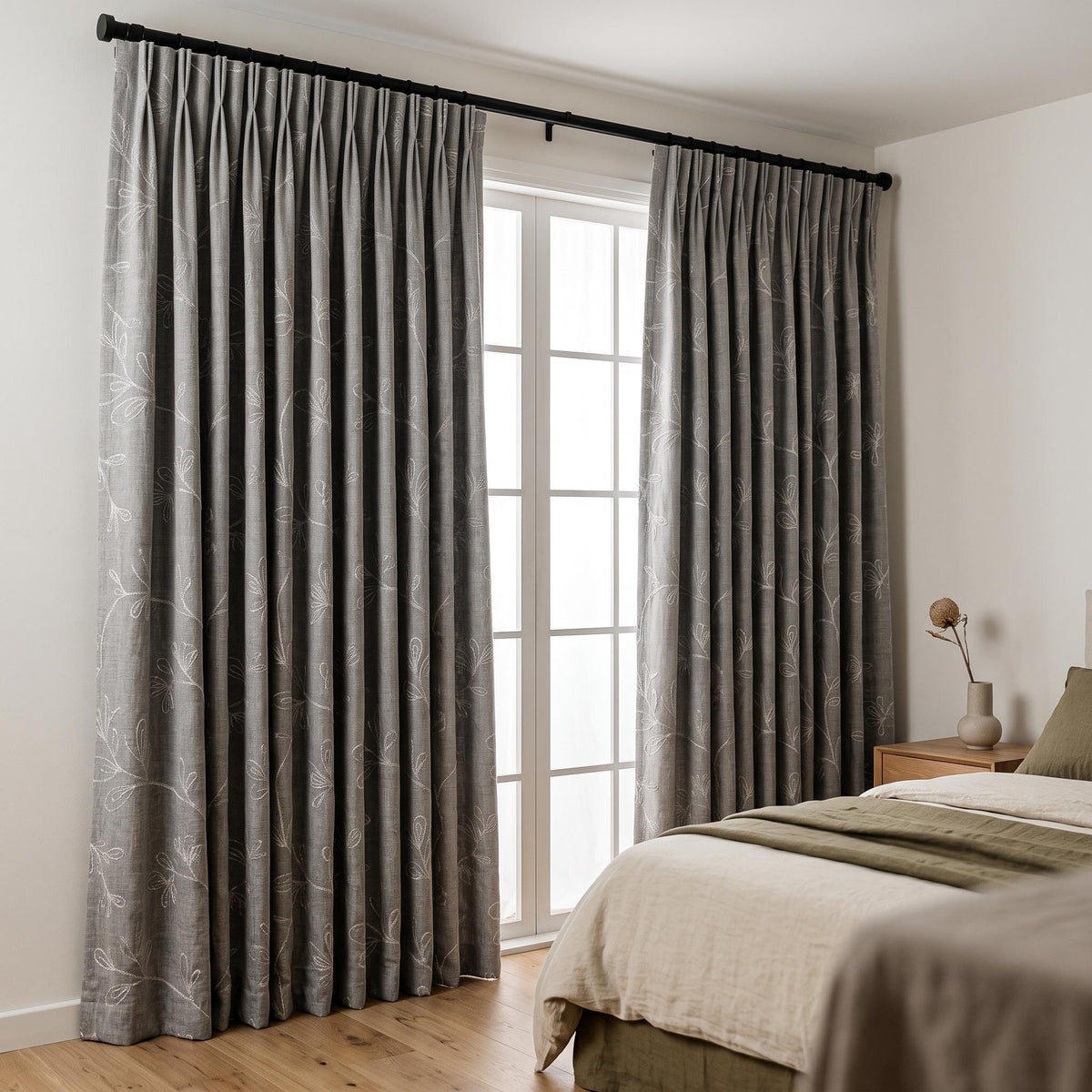 Gray Linen Embroidered Curtains, White Botanical Vine Drapes, Custom Blackout Floral Linen Curtains, Cafe Curtain Panels — image 6