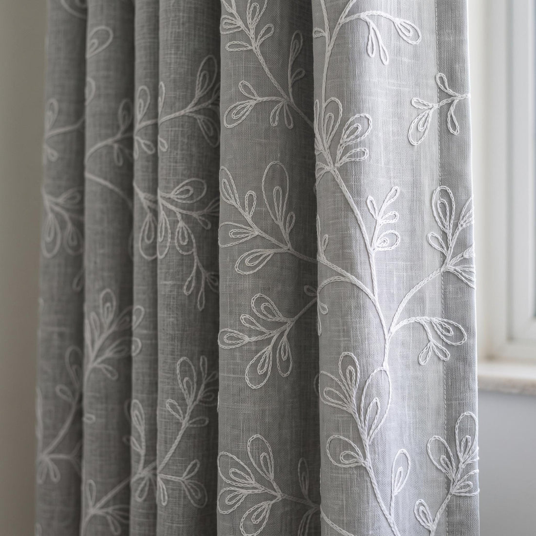 Gray Linen Embroidered Curtains, White Botanical Vine Drapes, Custom Blackout Floral Linen Curtains, Cafe Curtain Panels — image 1