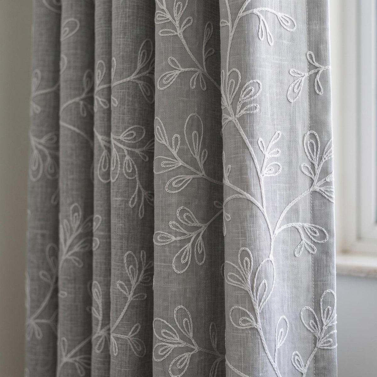 Gray Linen Embroidered Curtains, White Botanical Vine Drapes, Custom Blackout Floral Linen Curtains, Cafe Curtain Panels — image 1