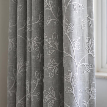 Gray Linen Embroidered Curtains, White Botanical Vine Drapes, Custom Blackout Floral Linen Curtains, Cafe Curtain Panels — image 1