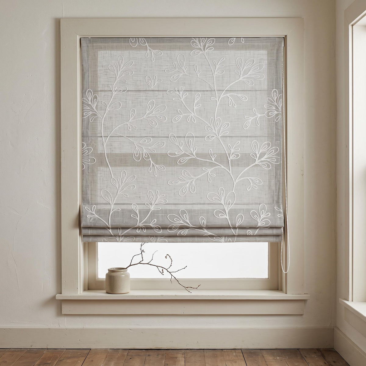 Grey Linen Roman Shade, Gray Embroidered Geometric Vine Blind, Custom Blackout Corded Window Shade — image 9