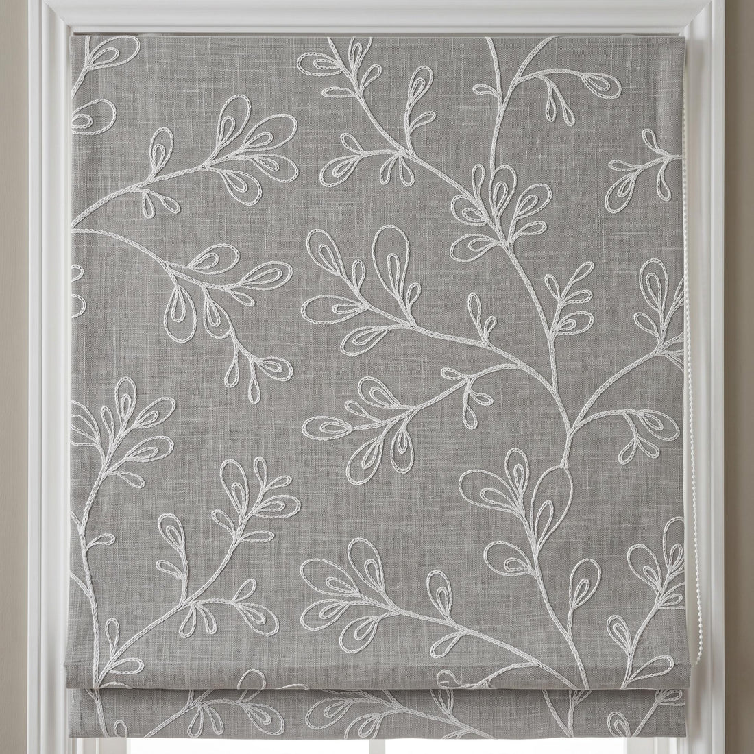 Grey Linen Roman Shade, Gray Embroidered Geometric Vine Blind, Custom Blackout Corded Window Shade — image 1