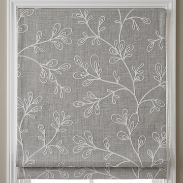 Grey Linen Roman Shade, Gray Embroidered Geometric Vine Blind, Custom Blackout Corded Window Shade — image 1