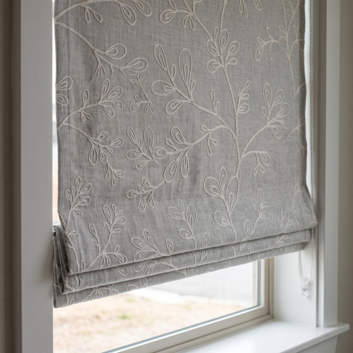 Grey Linen Roman Shade, Gray Embroidered Geometric Vine Blind, Custom Blackout Corded Window Shade — image 3