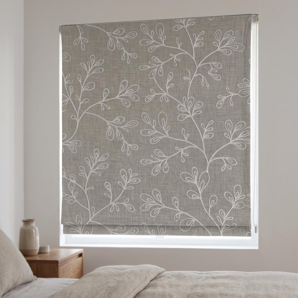 Grey Linen Roman Shade, Gray Embroidered Geometric Vine Blind, Custom Blackout Corded Window Shade — image 4