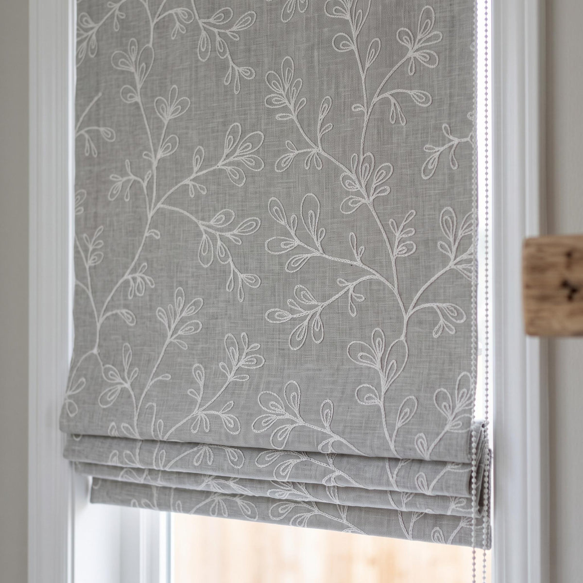 Grey Linen Roman Shade, Gray Embroidered Geometric Vine Blind, Custom Blackout Corded Window Shade — image 7