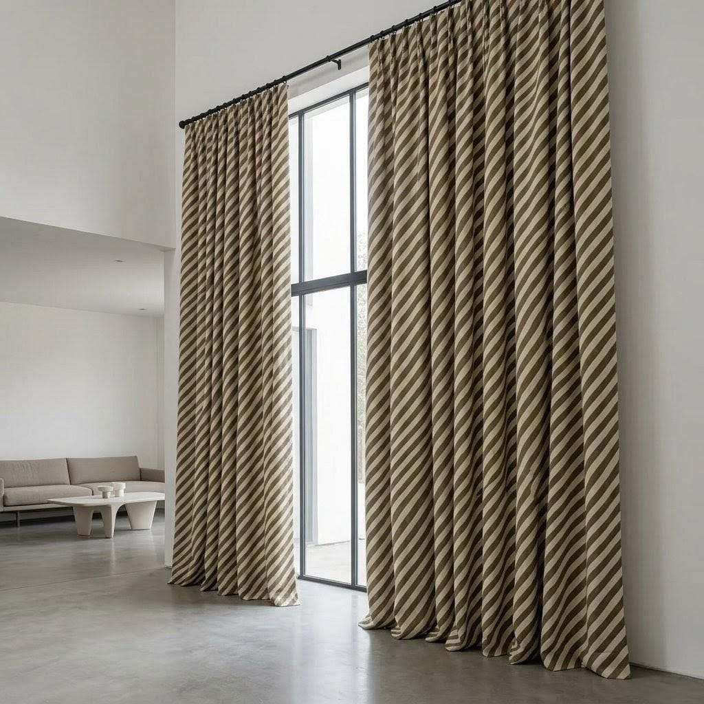 Olive Green Stripe Linen Curtains, Heavy Pure Linen Drapes, Khaki Diagonal Striped Blackout or Cotton Lined Curtain — image 3