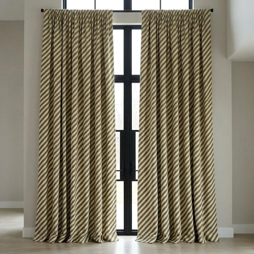 Olive Green Stripe Linen Curtains, Heavy Pure Linen Drapes, Khaki Diagonal Striped Blackout or Cotton Lined Curtain — image 9