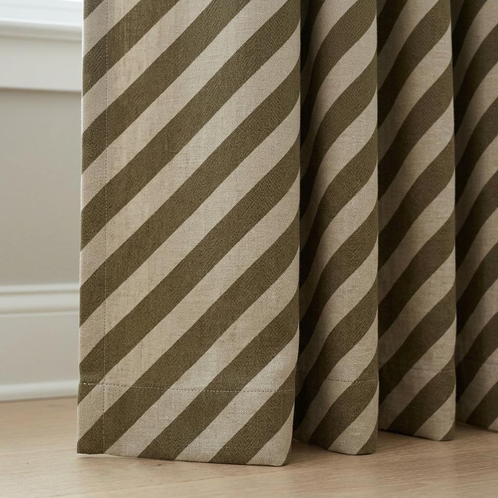 Olive Green Stripe Linen Curtains, Heavy Pure Linen Drapes, Khaki Diagonal Striped Blackout or Cotton Lined Curtain — image 6