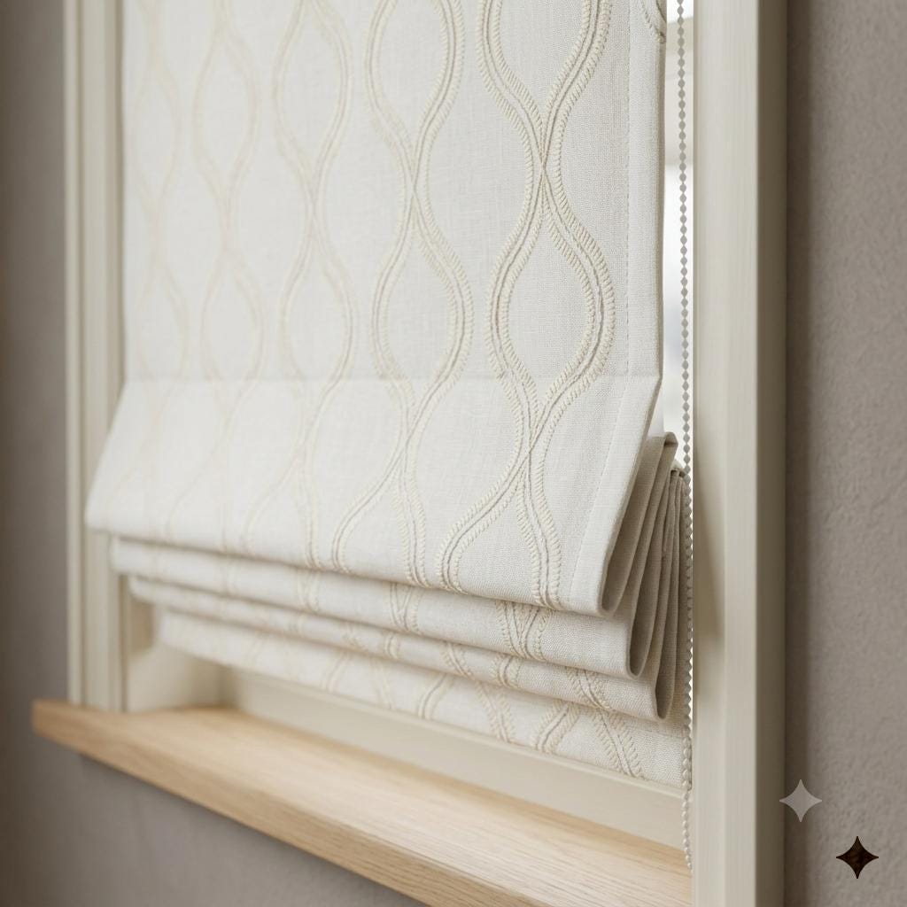 Off White Linen Roman Shade, Ivory Embroidered Ogee Trellis Blind, Custom Blackout Corded Window Treatment — image 2