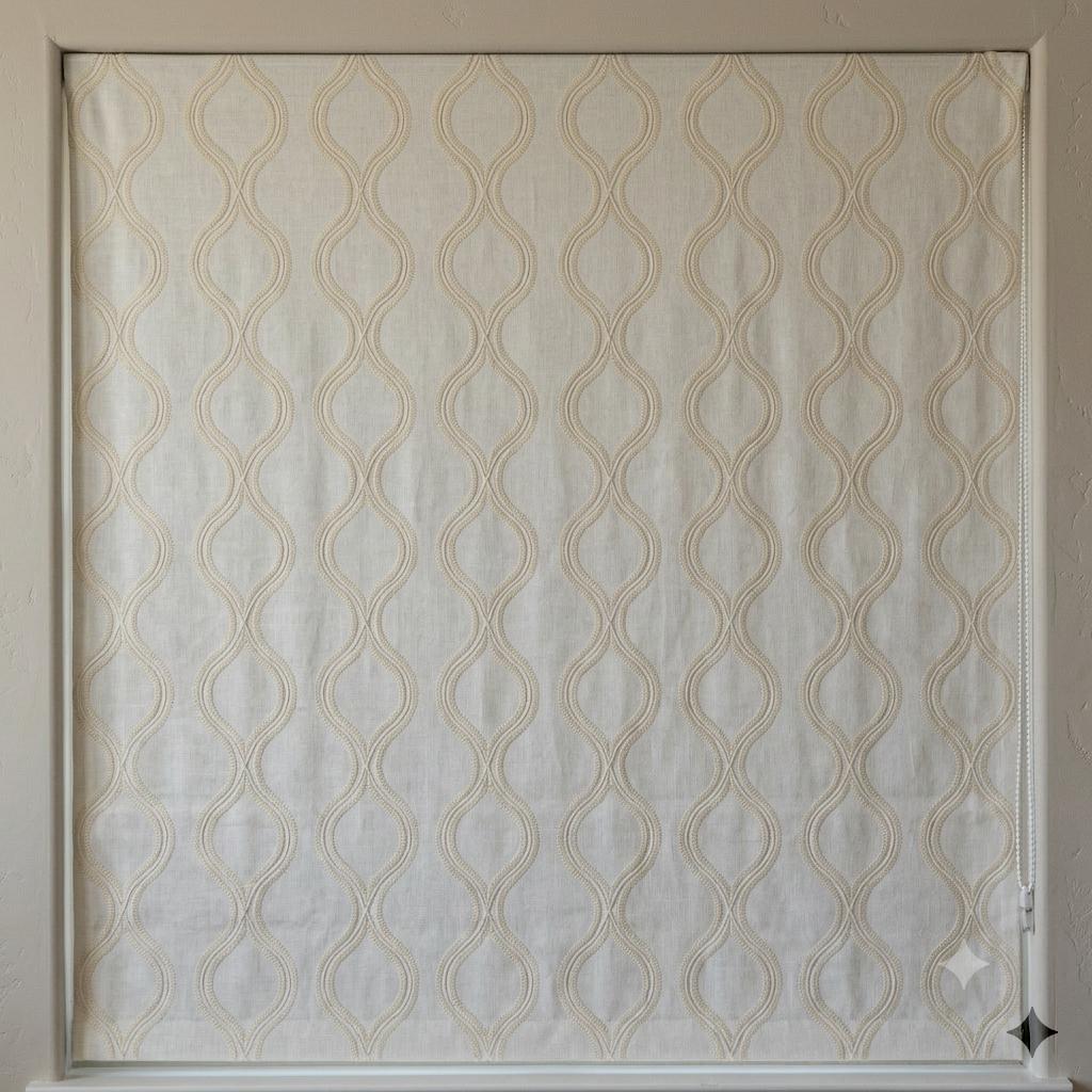 Off White Linen Roman Shade, Ivory Embroidered Ogee Trellis Blind, Custom Blackout Corded Window Treatment — image 9