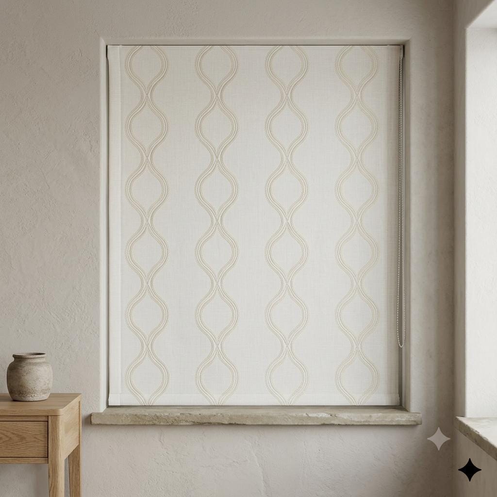 Off White Linen Roman Shade, Ivory Embroidered Ogee Trellis Blind, Custom Blackout Corded Window Treatment — image 5