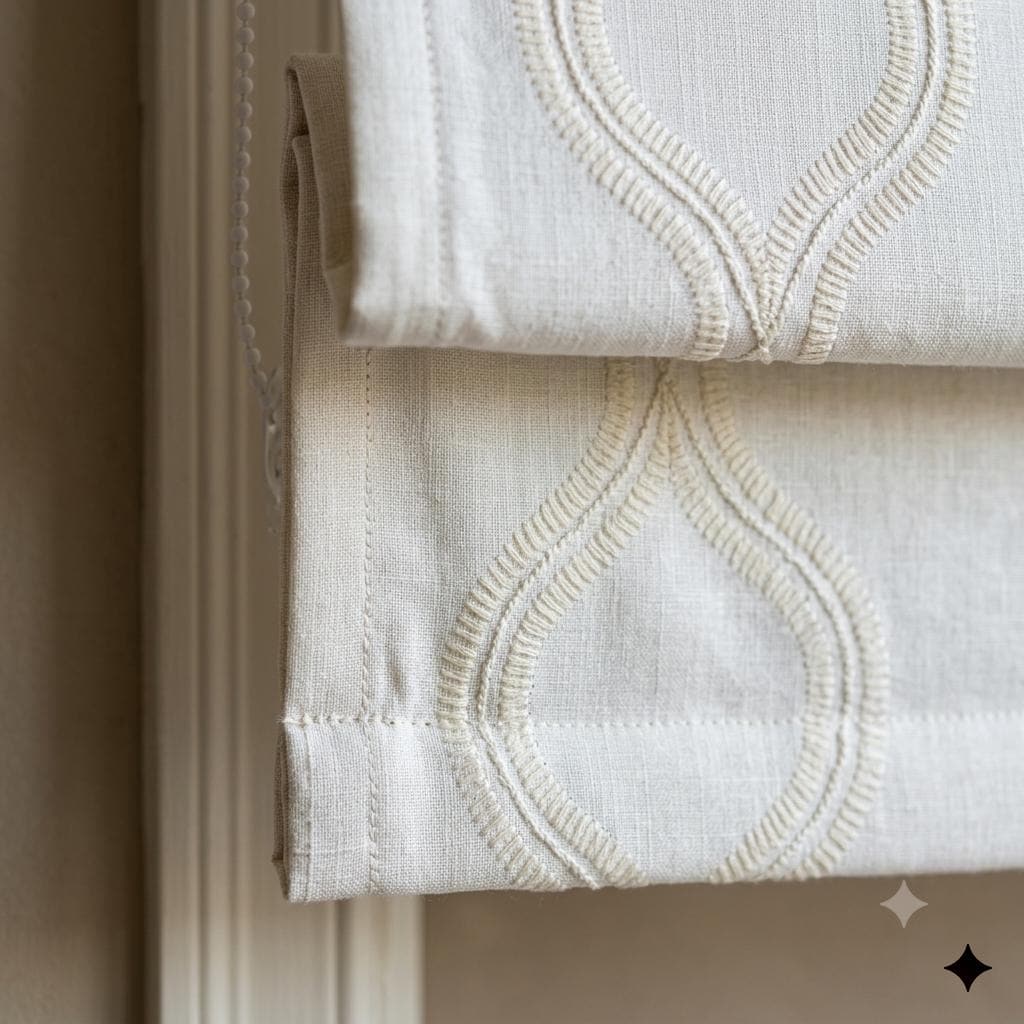 Off White Linen Roman Shade, Ivory Embroidered Ogee Trellis Blind, Custom Blackout Corded Window Treatment — image 6