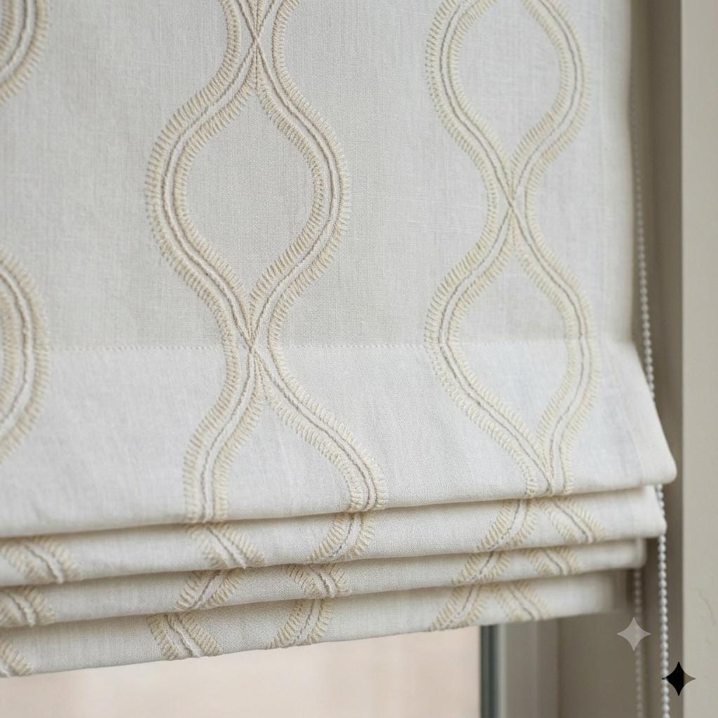 Off White Linen Roman Shade, Ivory Embroidered Ogee Trellis Blind, Custom Blackout Corded Window Treatment — image 3