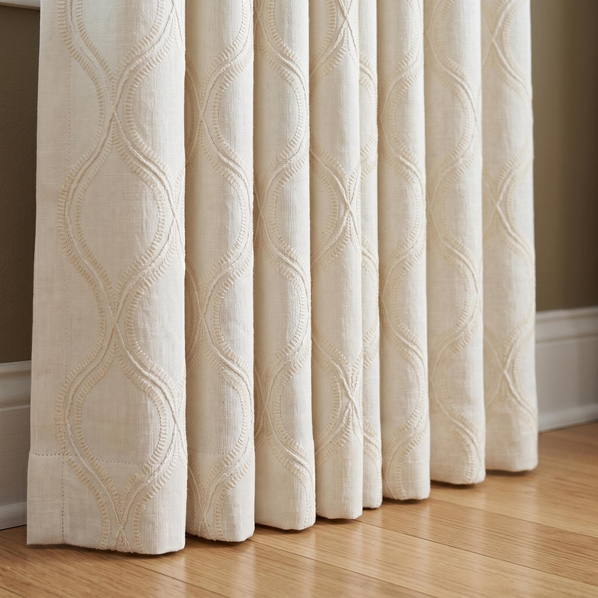 Ivory Linen Embroidered Curtains, Cream Beige Ogee Trellis Drapes, Custom Blackout Linen Curtain Panels — image 3