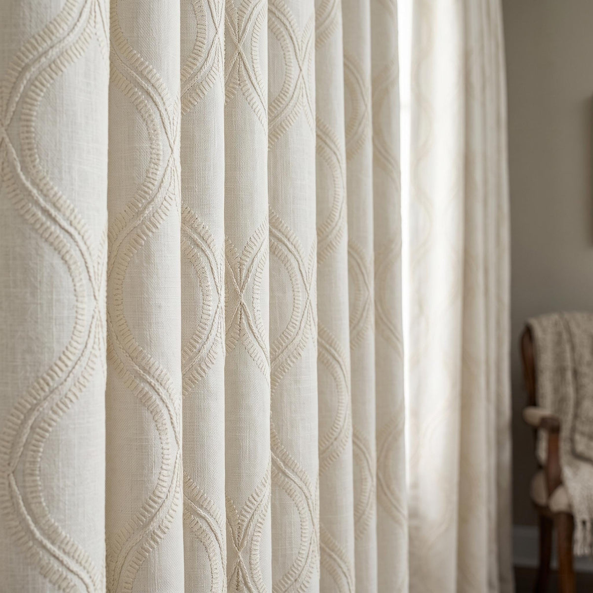 Ivory Linen Embroidered Curtains, Cream Beige Ogee Trellis Drapes, Custom Blackout Linen Curtain Panels — image 4