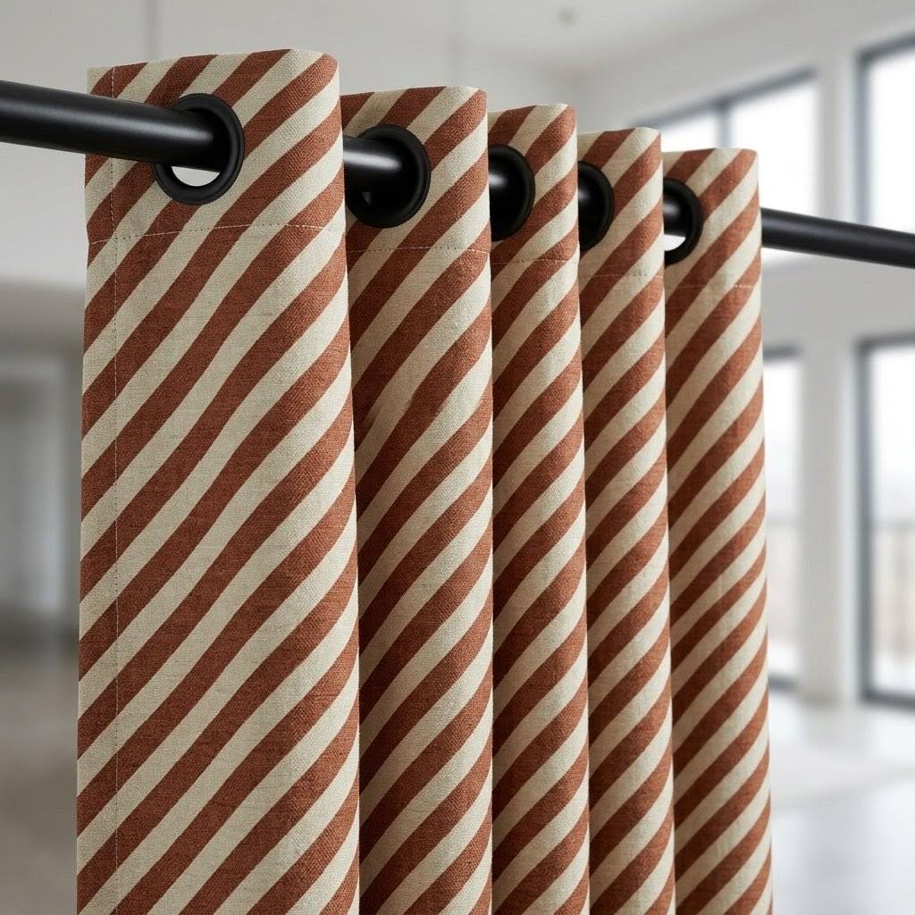 Brown Stripe Linen Curtains, Heavy Pure Linen Drapes, Cinnamon Diagonal Striped Blackout or Cotton Lined Custom Curtain — image 3