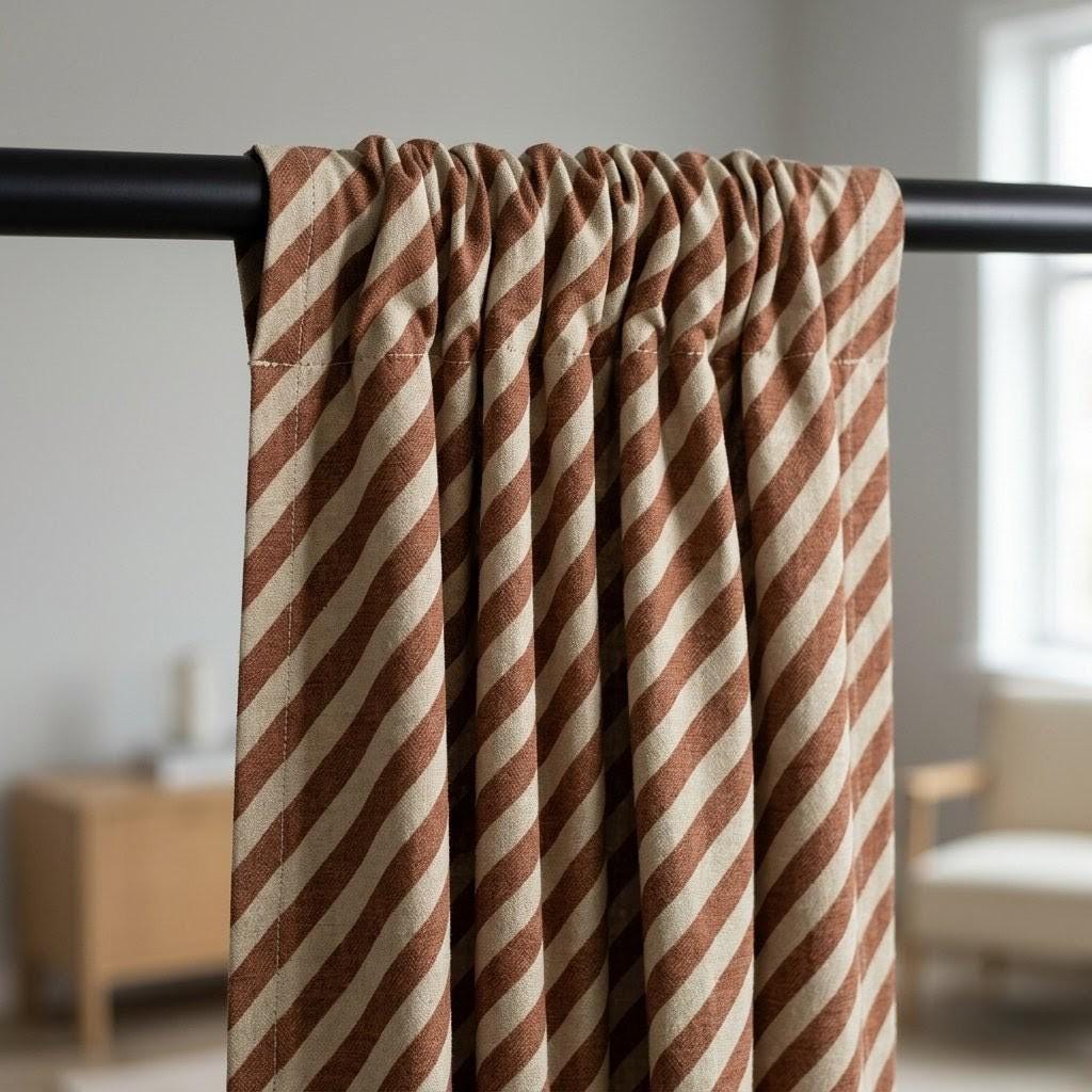 Brown Stripe Linen Curtains, Heavy Pure Linen Drapes, Cinnamon Diagonal Striped Blackout or Cotton Lined Custom Curtain — image 5