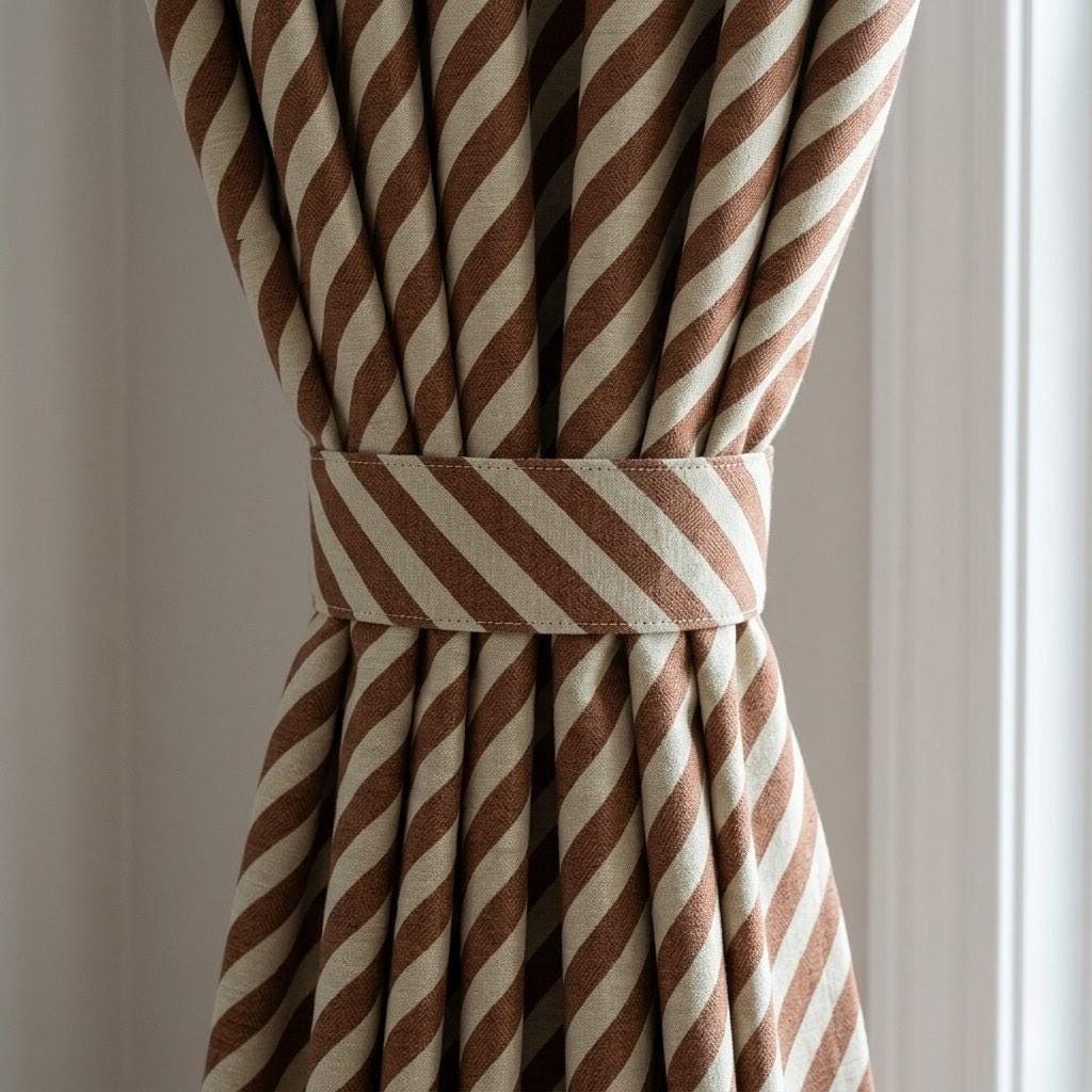 Brown Stripe Linen Curtains, Heavy Pure Linen Drapes, Cinnamon Diagonal Striped Blackout or Cotton Lined Custom Curtain — image 6