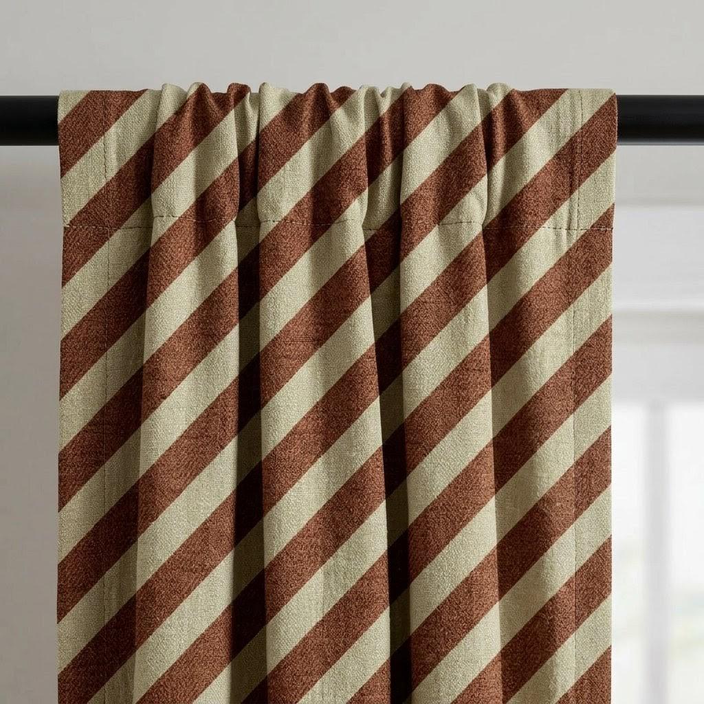 Brown Stripe Linen Curtains, Heavy Pure Linen Drapes, Cinnamon Diagonal Striped Blackout or Cotton Lined Custom Curtain — image 2