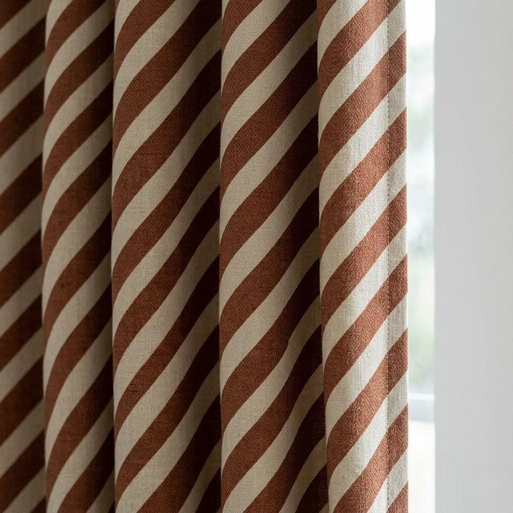 Brown Stripe Linen Curtains, Heavy Pure Linen Drapes, Cinnamon Diagonal Striped Blackout or Cotton Lined Custom Curtain — image 1