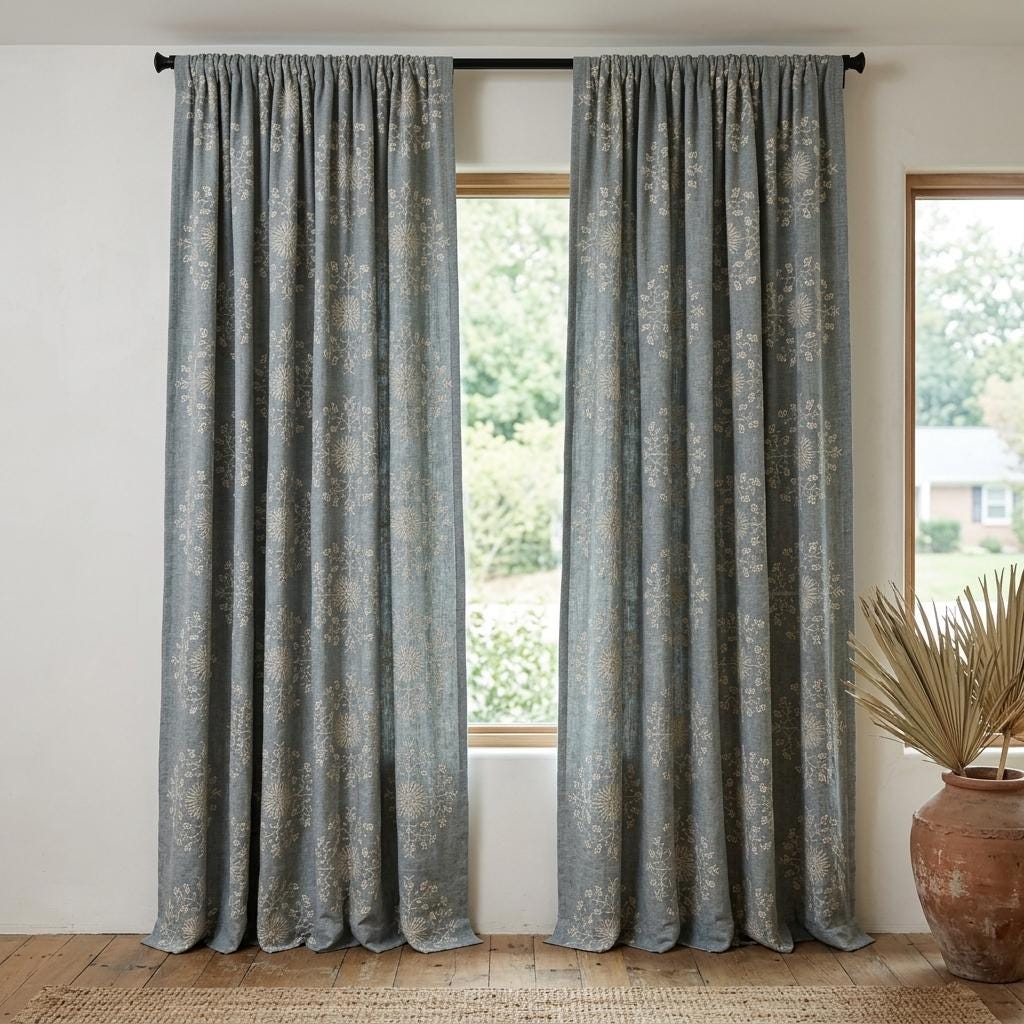 Blue Gray Linen Embroidered Curtains, Ivory Floral Botanical Drapes, Custom Blackout Farmhouse Curtain Panels — image 3