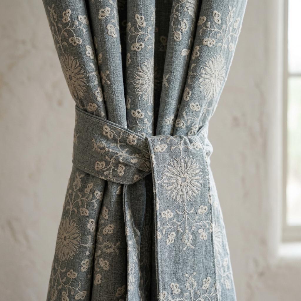 Blue Gray Linen Embroidered Curtains, Ivory Floral Botanical Drapes, Custom Blackout Farmhouse Curtain Panels — image 5