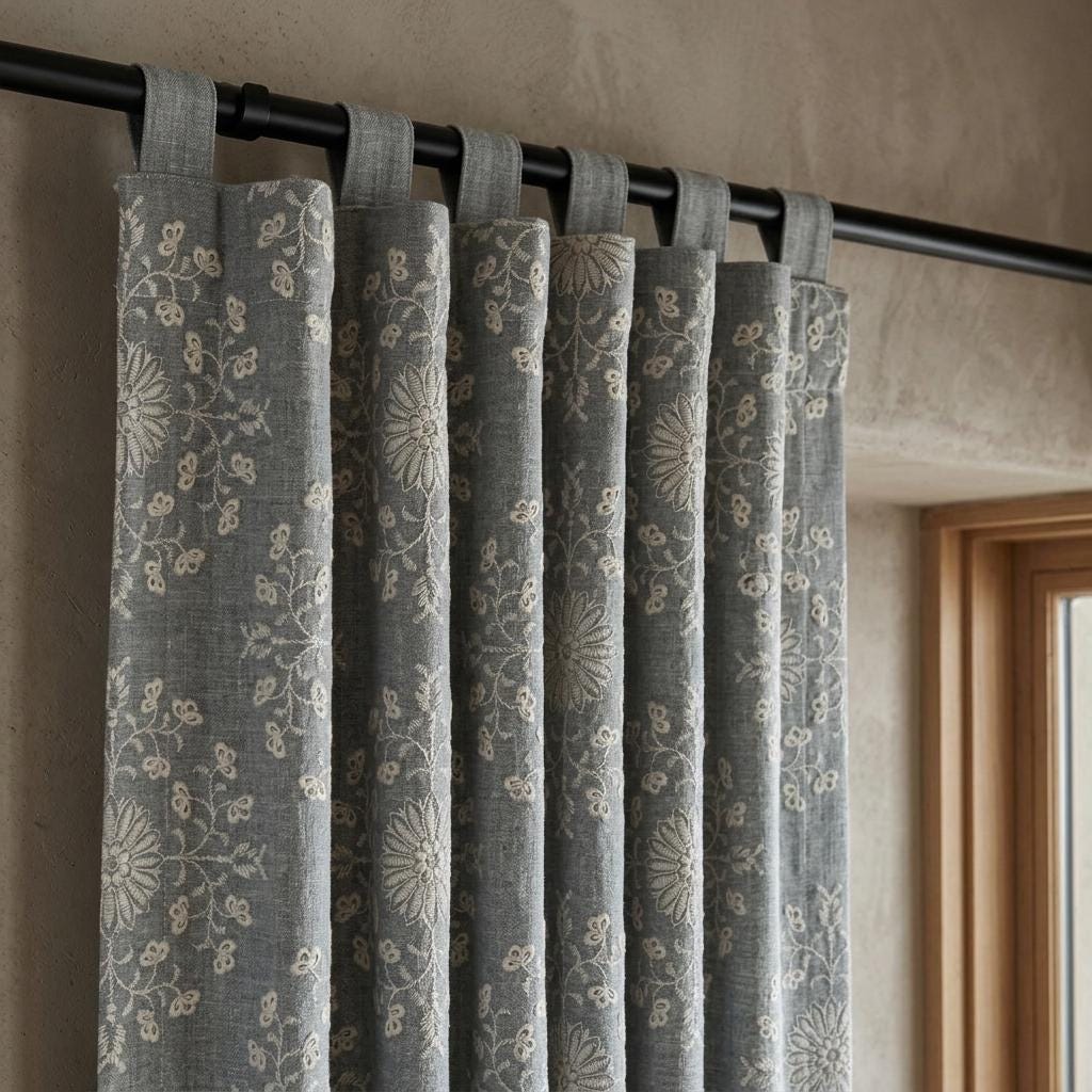 Blue Gray Linen Embroidered Curtains, Ivory Floral Botanical Drapes, Custom Blackout Farmhouse Curtain Panels — image 4