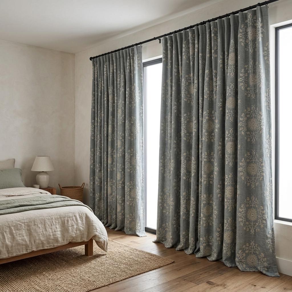 Blue Gray Linen Embroidered Curtains, Ivory Floral Botanical Drapes, Custom Blackout Farmhouse Curtain Panels — image 7