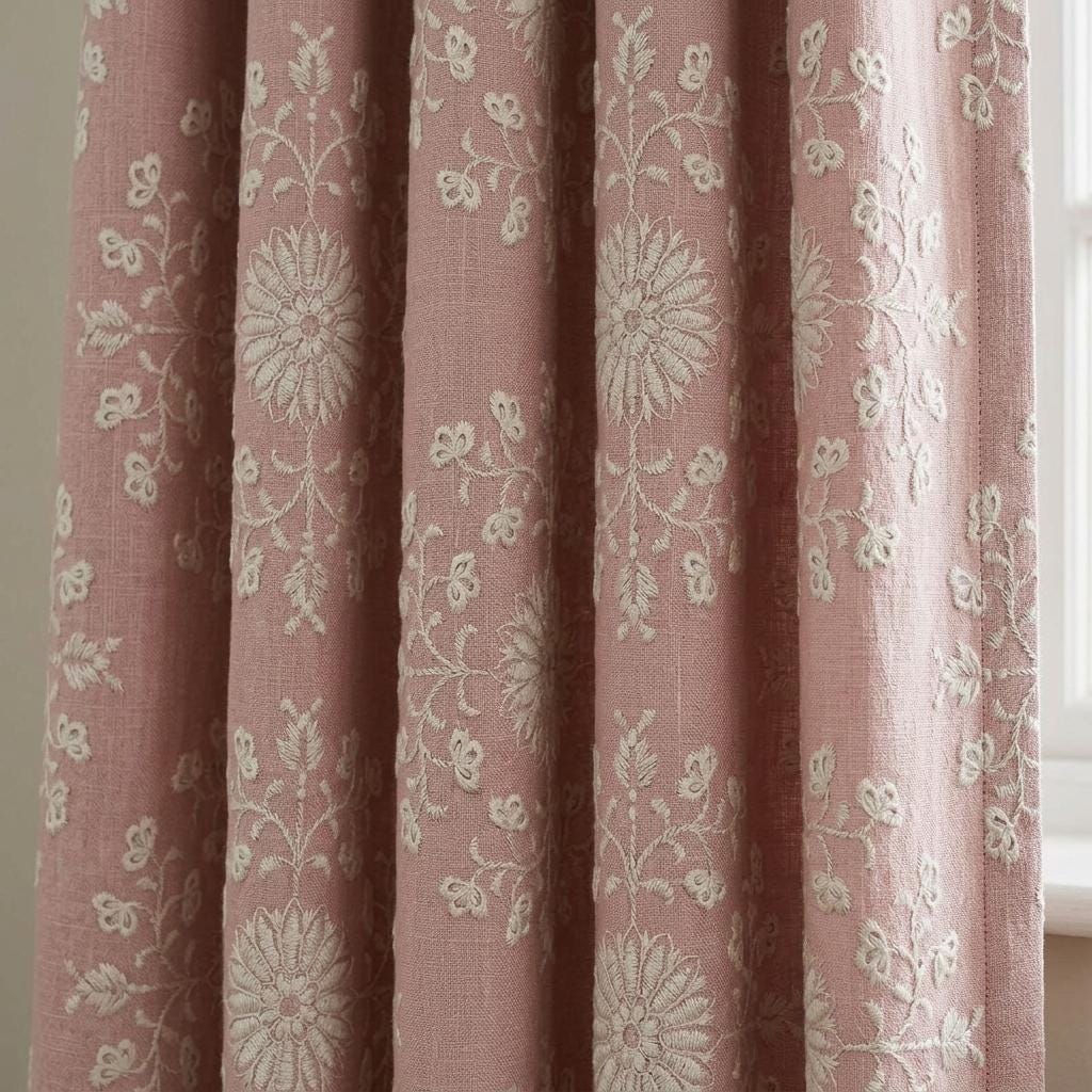 Blush Pink Linen Embroidered Curtains, Ivory Floral Medallion Drapes, Custom Blackout Farmhouse Curtain Panels — image 1