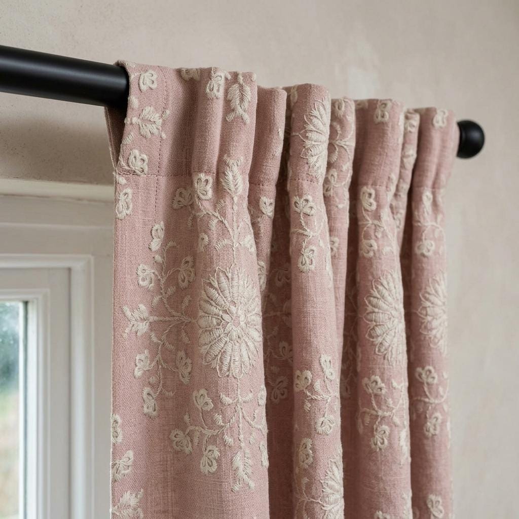 Blush Pink Linen Embroidered Curtains, Ivory Floral Medallion Drapes, Custom Blackout Farmhouse Curtain Panels — image 9