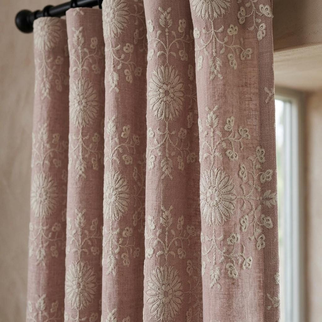 Blush Pink Linen Embroidered Curtains, Ivory Floral Medallion Drapes, Custom Blackout Farmhouse Curtain Panels — image 2