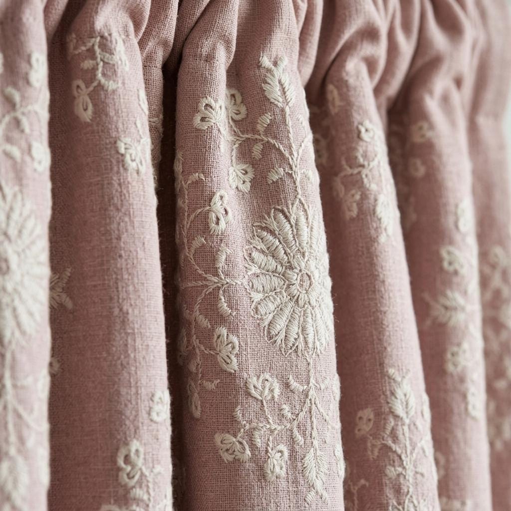 Blush Pink Linen Embroidered Curtains, Ivory Floral Medallion Drapes, Custom Blackout Farmhouse Curtain Panels — image 8